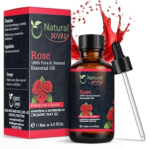 May include: A brown glass bottle of Rose essential oil with a black cap and a dropper. The label reads "Natural Way Rose 100% Pure & Natural Essential Oil." The box and bottle both feature a rose graphic. The bottle contains 4.0 fl oz or 118ml.
