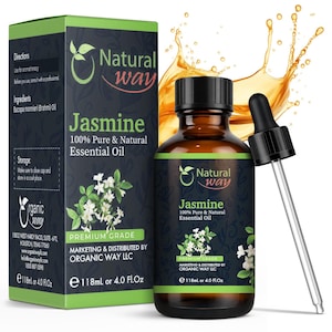 May include: A brown glass bottle of Jasmine essential oil with a dropper, next to a green and black box. The label reads "Natural Way Jasmine 100% Pure & Natural Essential Oil". The box and bottle feature a floral design.
