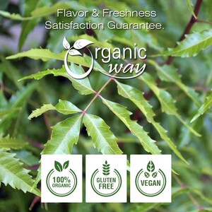 Peut inclure: Gros plan sur des feuilles vertes avec le texte "Flavor & Freshness Satisfaction Guarantee." et "organic way" dans un cercle blanc. Trois cercles blancs avec des motifs de feuilles vertes et le texte "100% organic", "Gluten Free", et "Vegan".