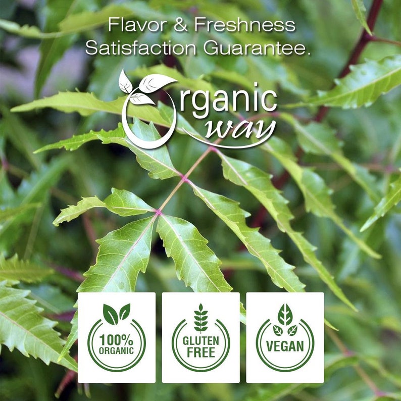 Peut inclure: Gros plan sur des feuilles vertes avec le texte "Flavor & Freshness Satisfaction Guarantee." et "organic way" dans un cercle blanc. Trois cercles blancs avec des motifs de feuilles vertes et le texte "100% organic", "Gluten Free", et "Vegan".