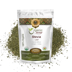 May include: A white resealable pouch with a green and gold design. The pouch contains organic stevia leaf, cut and sifted, with an origin of India. The pouch has USDA Organic and Canada Organic certifications.