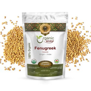 May include: A white resealable bag of organic fenugreek seeds from India. The bag has a green and gold label with the text "organic way" and "Fenugreek Seeds". The USDA Organic seal is visible on the bag.