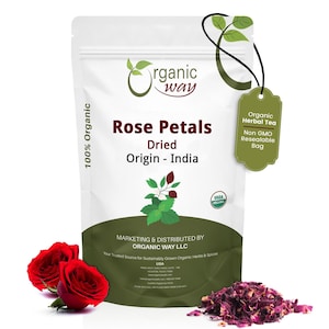 Organic Way Rose Petals Dried - Organic, Kosher, USDA Certified | Raw, Vegan, Non GMO, Gluten Free | Origin - India