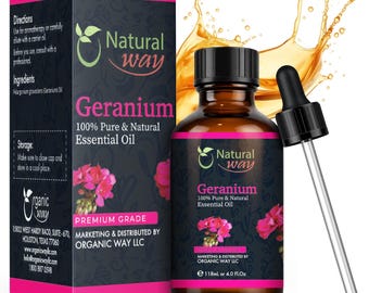 May include: A brown glass bottle of "Natural Way" Geranium 100% Pure & Natural Essential Oil, with a dropper. The bottle is next to a pink and black box with the same branding and product information. The image includes a splash of liquid.
