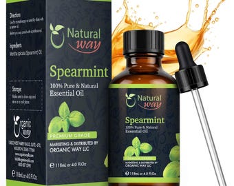 May include: A brown glass bottle of Natural Way Spearmint 100% Pure & Natural Essential Oil, with a black cap and a dropper. The label features a green leaf design and the text "Spearmint". The box is green and black, with the same branding.