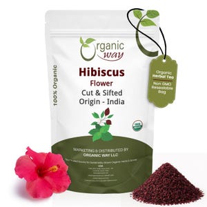 May include: A white resealable pouch of Organic Way Hibiscus Flower cut and sifted tea from India. The label features the text 100% Organic, USDA Organic, and Organic Herbal Tea. A bright pink hibiscus flower and a pile of dried tea sit nearby.