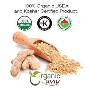 May include: A wooden scoop filled with light brown ginger powder, next to a pile of ginger root. The image includes the text "100% Organic USDA and Kosher Certified Product." and three certifications: USDA Organic, Certified Kosher, and Canada Organic Biologique.