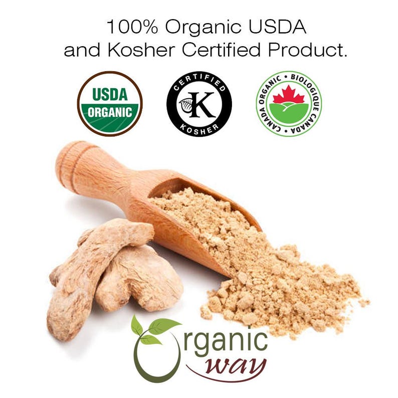 May include: A wooden scoop filled with light brown ginger powder, next to a pile of ginger root. The image includes the text "100% Organic USDA and Kosher Certified Product." and three certifications: USDA Organic, Certified Kosher, and Canada Organic Biologique.