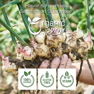 May include: Close-up of fresh ginger root with green leaves. The ginger is labeled "organic way" and has a green and white logo with the text "100% organic", "gluten free", and "vegan".