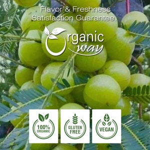 May include: A close-up of a tree branch laden with green, round fruits. The image features text that reads "Flavor & Freshness Satisfaction Guarantee" and "organic way." Below are icons indicating the product is 100% organic, gluten-free, and vegan.