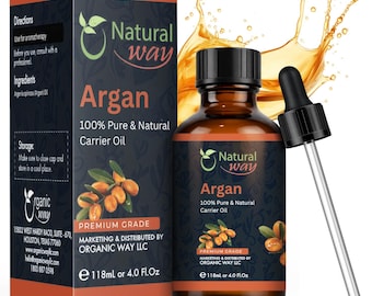 May include: A brown glass bottle of Argan oil with a black dropper next to a box. The label reads "Natural Way Argan 100% Pure & Natural Carrier Oil." The bottle contains 4.0 Fl.Oz or 118ml of oil.
