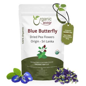 Organic Way Dried Blue Butterfly Pea Flowers | Herbal Tea, Kosher Certified & Vegan | 100% Raw from Sri-Lanka