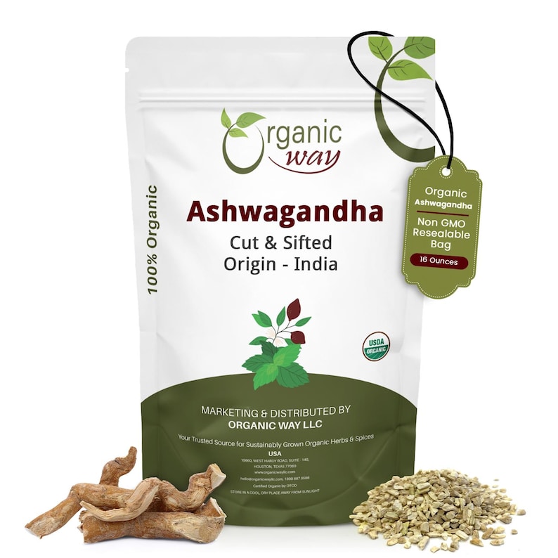 Organic Way Ashwagandha Root Cut & Sifted - Organic, Kosher, USDA Certified | Raw, Vegan, Non GMO, Gluten Free | Origin - India 1 LBS
