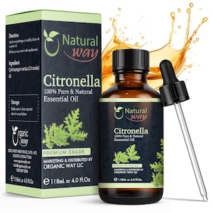 May include: A brown glass bottle of Citronella essential oil with a black cap and a dropper. The bottle is labeled "Natural Way" and "100% Pure & Natural Essential Oil." A green box with the same branding is next to the bottle. The bottle contains 4.0 Fl. Oz.