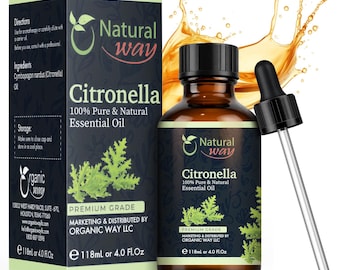 May include: A brown glass bottle of Citronella essential oil with a black cap and a dropper. The bottle is labeled "Natural Way" and "100% Pure & Natural Essential Oil." A green box with the same branding is next to the bottle. The bottle contains 4.0 Fl. Oz.
