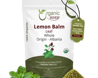 May include: A white resealable bag of Organic Way Lemon Balm Leaf Whole from Albania, with a green tag that reads "Organic Herbal Tea". The bag is labeled "100% Organic" and contains 454 grams of product. Fresh lemon balm leaves and dried leaves are also shown.