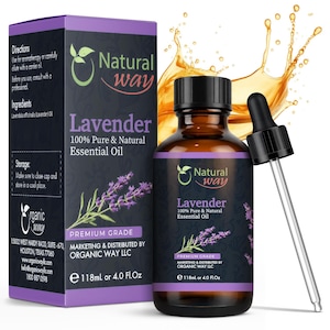 May include: A brown glass bottle of lavender essential oil with a black cap and dropper. The label reads "Natural Way Lavender 100% Pure & Natural Essential Oil." A purple box with the same branding is to the left. The bottle contains 4.0 fl oz.