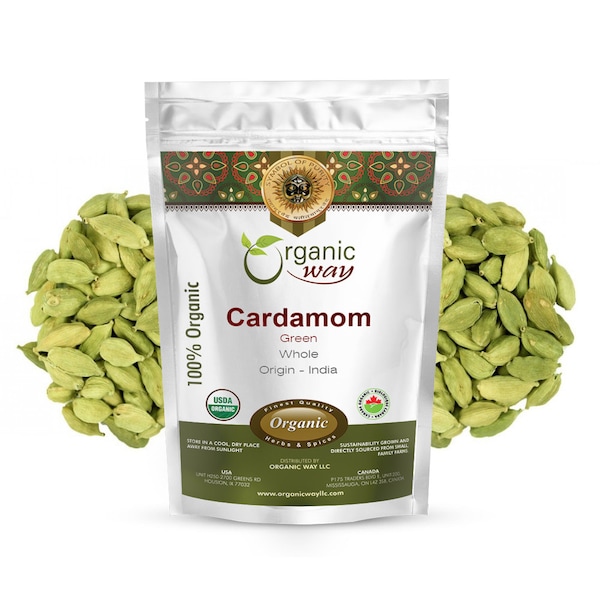 Organic Way Cardamom Whole Pods, Hari Elaichi - Organic, Kosher, USDA Certified | Raw, Vegan, Non GMO, Gluten Free | Origin - India