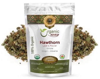 Organic Way Hawthorn Leaf & Flower Whole - European Wild-Harvest | Kosher, USDA Certified | Non-GMO, Gluten Free | Origin - Albania