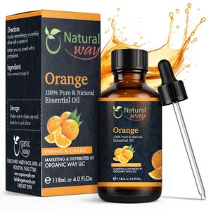 May include: A bottle of orange essential oil with a dropper, and a box. The label reads "Orange 100% Pure & Natural Essential Oil." The box and bottle feature orange fruit illustrations. The bottle contains 4.0 fl oz.
