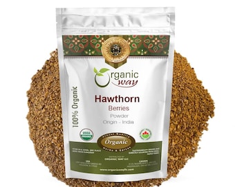 May include: A silver pouch with a white label that reads "Organic Way Hawthorn Berries Powder Origin - India". The pouch is filled with a light brown powder. The label also includes USDA Organic and other certifications.