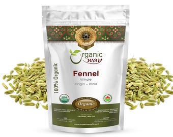 Semillas de hinojo enteras (Foeniculum vulgare) de Organic Way: mejora la digestión / Certificación orgánica y kosher / Crudas, certificadas por el USDA / Origen: India