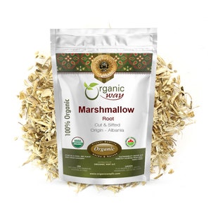 May include: A white pouch of Organic Way Marshmallow Root, cut and sifted, from Albania. The bag is surrounded by dried root pieces. The label includes the USDA Organic seal and text: "100% Organic".