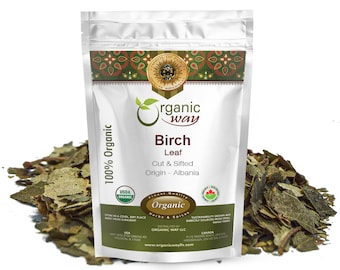 May include: A silver pouch with a white label that reads "Organic Way Birch Leaf Cut & Sifted Origin - Albania". The pouch contains dried birch leaves. The label also includes USDA Organic and Canada Organic certifications.