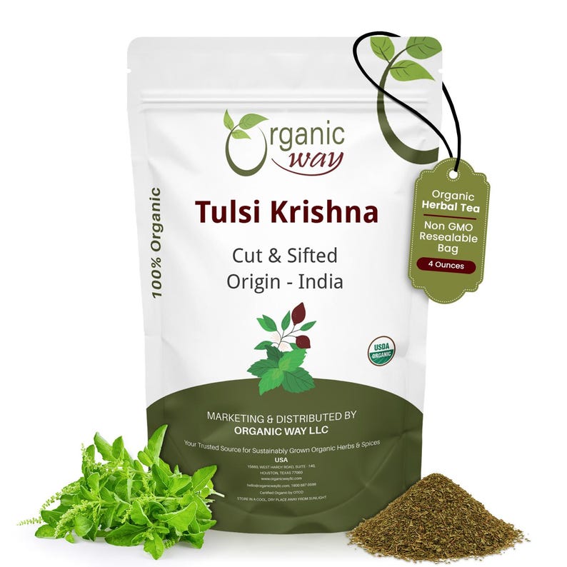 Organic Way Premium Grade Tulsi/Holy Basil (Krishna) Cut & Sifted (Ocimum tenuiflorum) - Herbal Tea | Kosher Certified | Origin - India 4 Oz (Pack of 1)