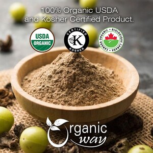 May include: A wooden bowl filled with brown powder, likely a food product, sits in the center of the image. The text reads "100% Organic USDA and Kosher Certified Product." USDA Organic, Kosher, and Canadian Organic logos are also visible. The "Organic Way" logo is at the bottom.