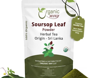 May include: A white resealable bag of soursop leaf powder herbal tea from Sri Lanka. The bag has the text "Organic Way" and "Soursop Leaf Powder Herbal Tea". A green tag reads "Organic Herbal Tea Non GMO Resealable Bag". A pile of green powder is in the foreground.