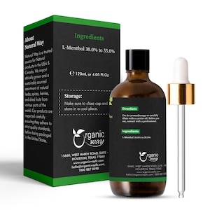 May include: A brown glass bottle with a black cap and a dropper, next to a green and black box. The bottle contains a liquid with the text "L-Menthol 30.0% to 55.0%" and "120ml or 4.05 Fl. Oz". The box has the text "About Natural Way".