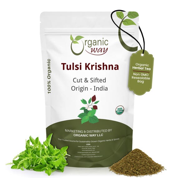 Organic Way Premium Grade Tulsi/Holy Basil (Krishna) Cut & Sifted (Ocimum tenuiflorum) - Herbal Tea | Kosher Certified | Origin - India
