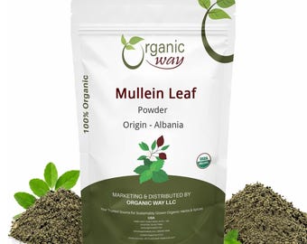 May include: A white stand-up pouch containing Mullein Leaf powder. The label features the Organic Way logo, text stating 100% Organic, Origin - Albania, and USDA Organic certification. Piles of green powder and fresh leaves flank the bag.