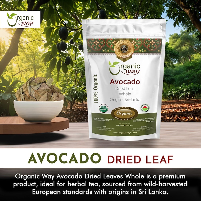 May include: A white bag with a green and white logo that says "Organic Way" and the words "Avocado Dried Leaf Whole" in black text. The bag also has a USDA Organic seal and the text "Origin - Sri-lanka".
