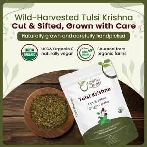 Organic Way Premium Grade Tulsi/Holy Basil (Krishna) Cut & Sifted (Ocimum tenuiflorum) - Herbal Tea | Kosher Certified | Origin - India Bild 5