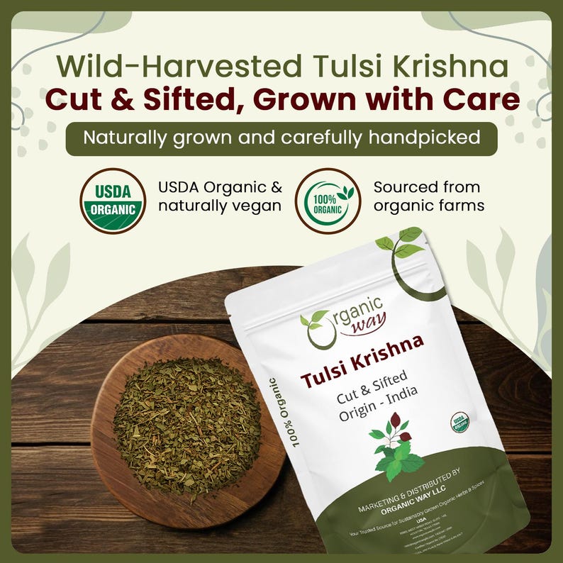Organic Way Premium Grade Tulsi/Holy Basil (Krishna) Cut & Sifted (Ocimum tenuiflorum) - Herbal Tea | Kosher Certified | Origin - India Bild 5