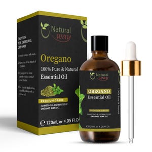 May include: A brown glass bottle of oregano essential oil with a black cap, a dropper, and a box. The box and bottle label read "Oregano Essential Oil" and "100% Pure & Natural". The bottle contains 4.05 fl oz.