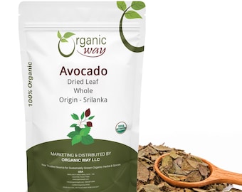 May include: A white stand-up pouch labeled Organic Way Avocado Dried Leaf Whole Origin - Srilanka with a green leaf graphic and USDA Organic seal. Beside the pouch is a wooden spoon filled with dried brown avocado leaves on a white background.