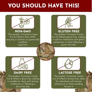 May include: Green and white graphic with four icons representing non-GMO, gluten-free, dairy-free, and lactose-free. Each icon has a red line through it. The text "YOU SHOULD HAVE THIS!" is at the top of the graphic.