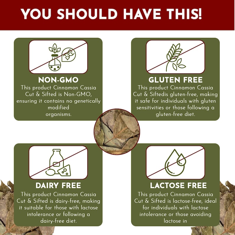 May include: Green and white graphic with four icons representing non-GMO, gluten-free, dairy-free, and lactose-free. Each icon has a red line through it. The text "YOU SHOULD HAVE THIS!" is at the top of the graphic.