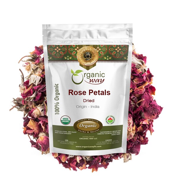 Organic Way Rose Petals Dried - Organic, Kosher, USDA Certified | Raw, Vegan, Non GMO, Gluten Free | Origin - India