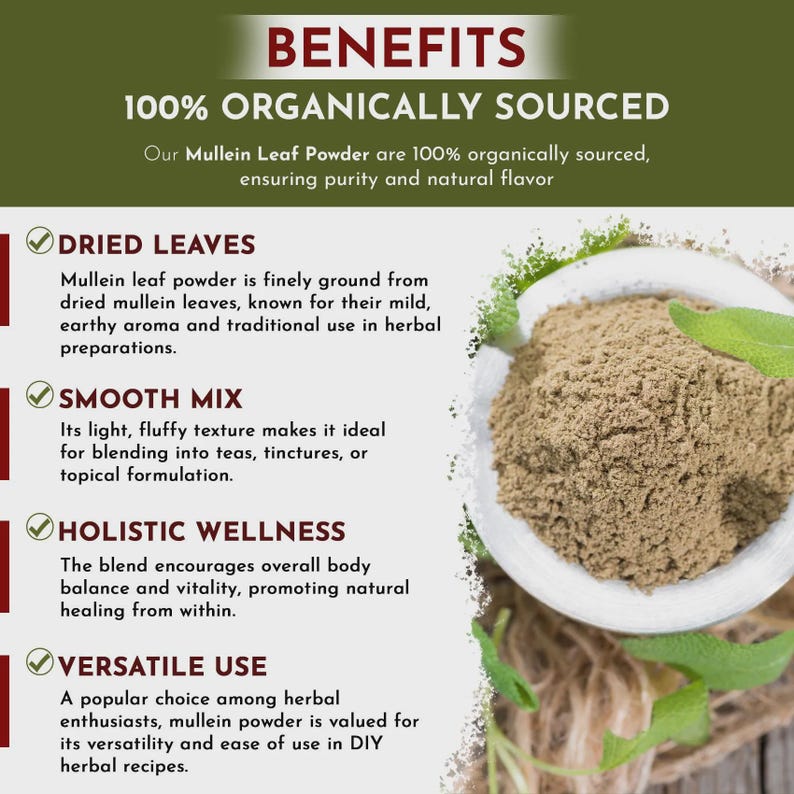 Organic Way Mullein Leaf Powder - European Wild-Harvest | Organic, Kosher, USDA Certified | Vegan, Non GMO, Gluten Free | Origin - Albania image 4