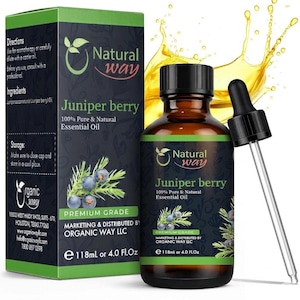 May include: A brown glass bottle of juniper berry essential oil with a black dropper. The label reads "Natural Way" and "100% Pure & Natural Essential Oil." A green and black box is next to the bottle, with the same branding and text.