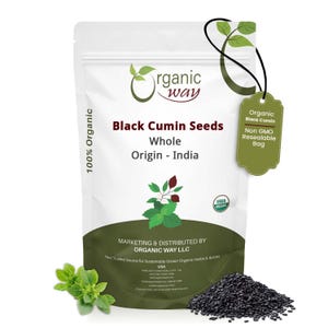 May include: A white resealable bag of Organic Way black cumin seeds. The bag has the text "Black Cumin Seeds Whole Origin - India". A green tag reads "Organic Black Cumin Non GMO Resealable Bag". A pile of black seeds is in front of the bag.