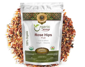 Organic Way Rosehips Fruit Cut & Sifted (Rosa canina) - European Wild-Harvest | Organic Kosher Certified | Origin - Albania