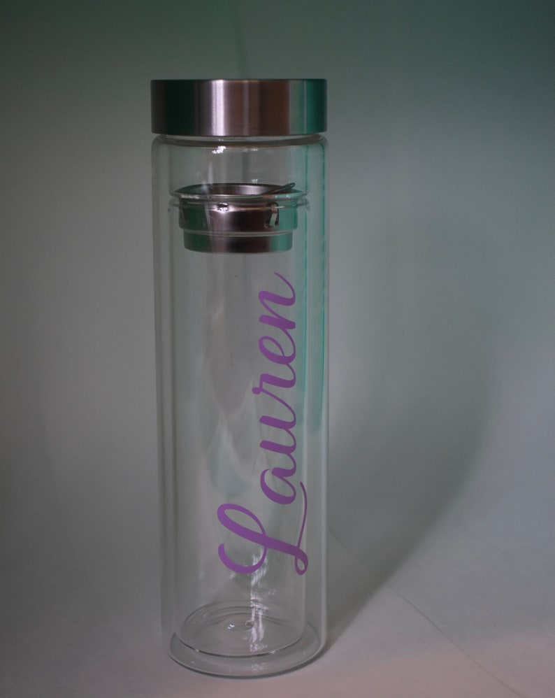 custom water bottle perfect bridesmaid gift or bachelorette party favor CUSTOM 12 oz double wall glass bottle with removable tea strainer