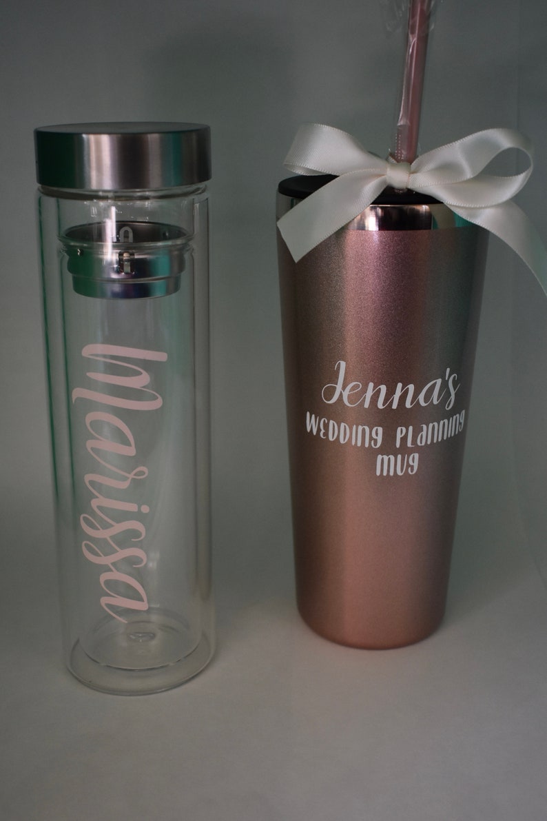 custom water bottle perfect bridesmaid gift or bachelorette party favor CUSTOM 12 oz double wall glass bottle with removable tea strainer