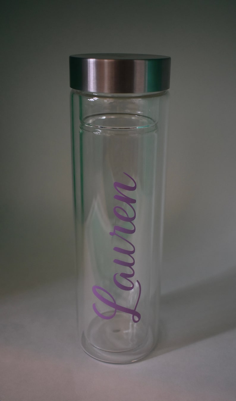 custom water bottle perfect bridesmaid gift or bachelorette party favor CUSTOM 12 oz double wall glass bottle with removable tea strainer
