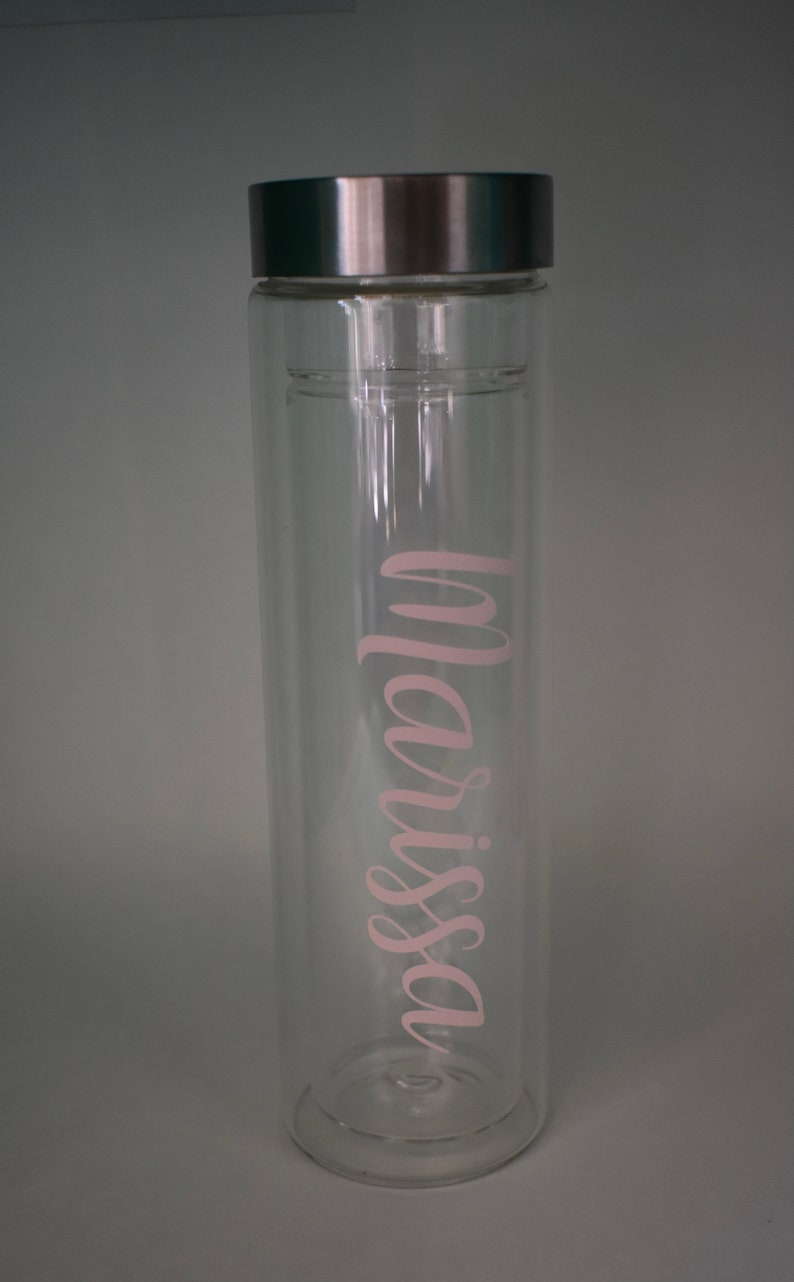 custom water bottle perfect bridesmaid gift or bachelorette party favor CUSTOM 12 oz double wall glass bottle with removable tea strainer